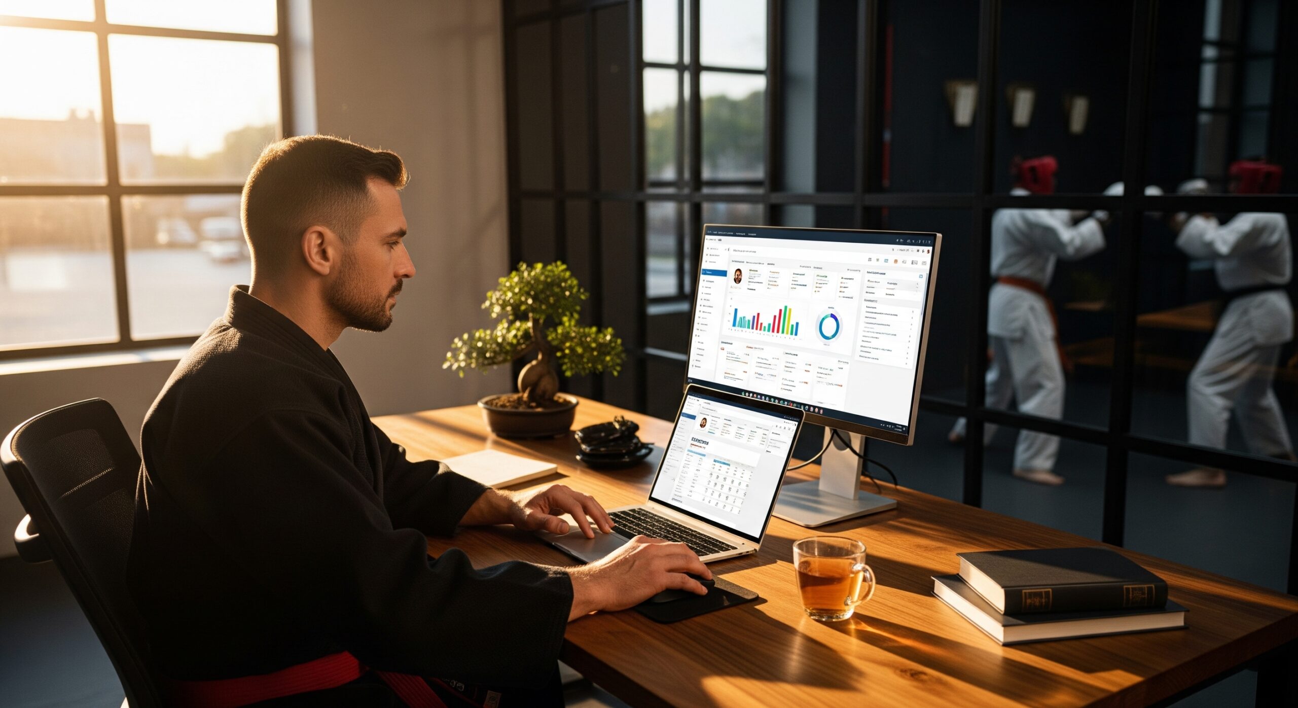 Martial arts instructor using school management software in 2025