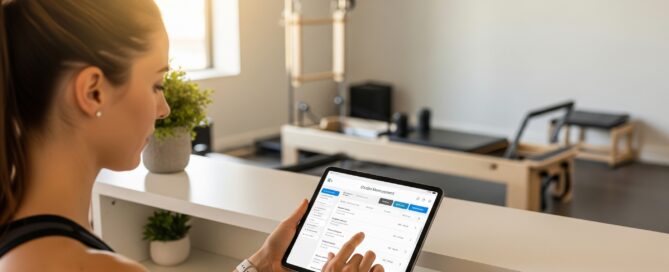 Pilates instructor using studio management software on a tablet