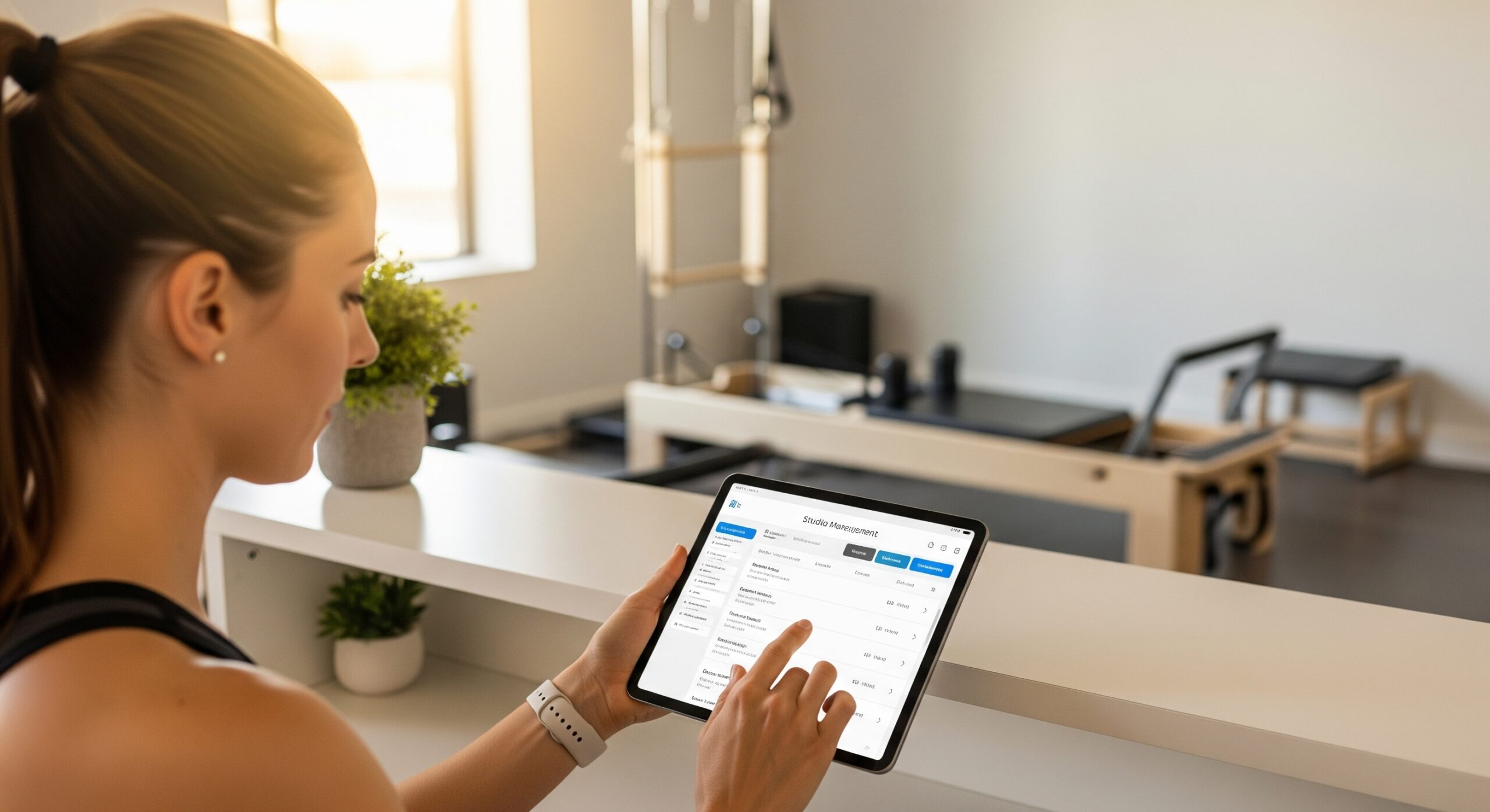 Pilates instructor using studio management software on a tablet