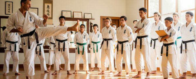 Martial arts instructor with students leaving positive reviews online