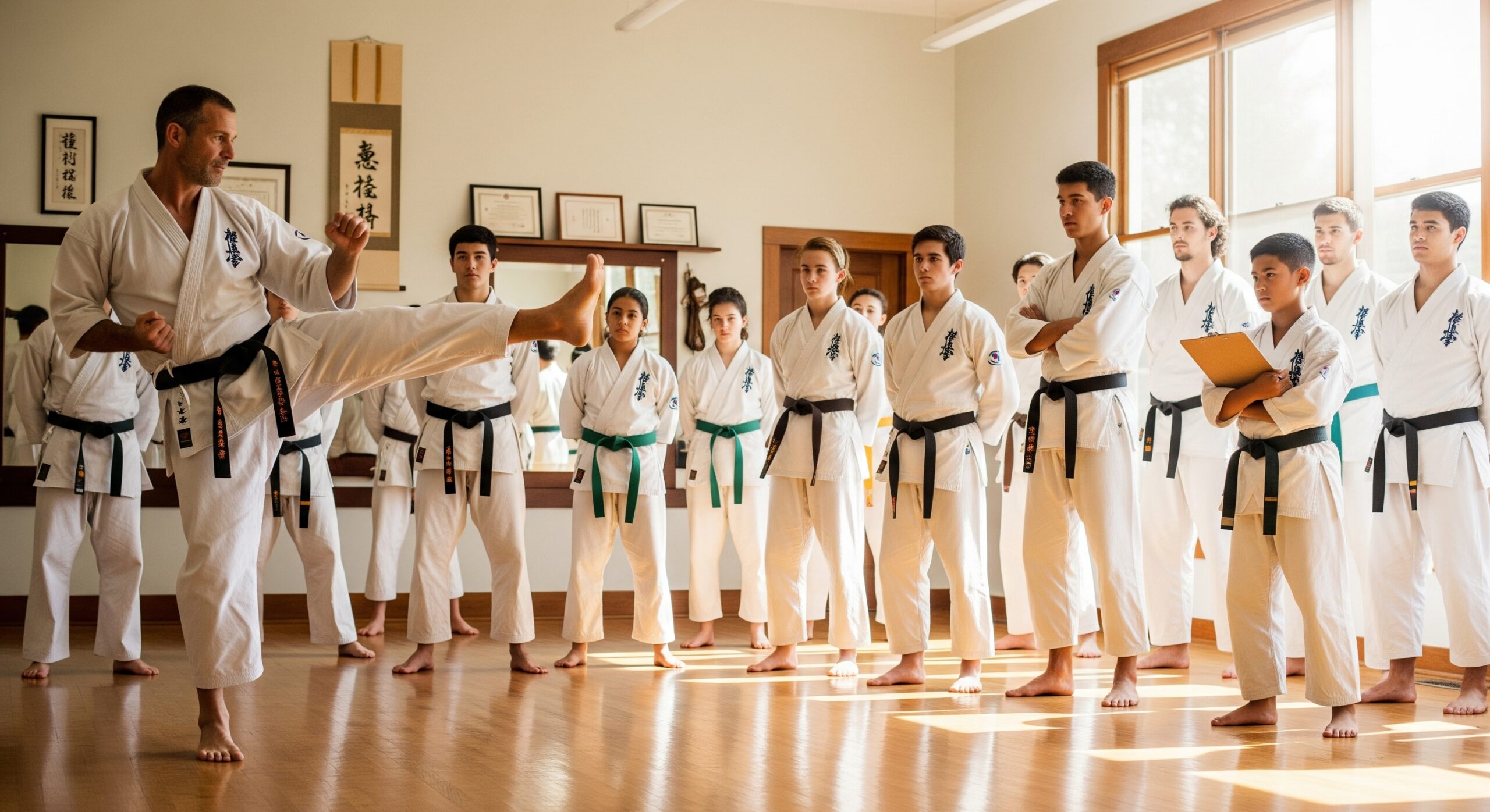 Martial arts instructor with students leaving positive reviews online