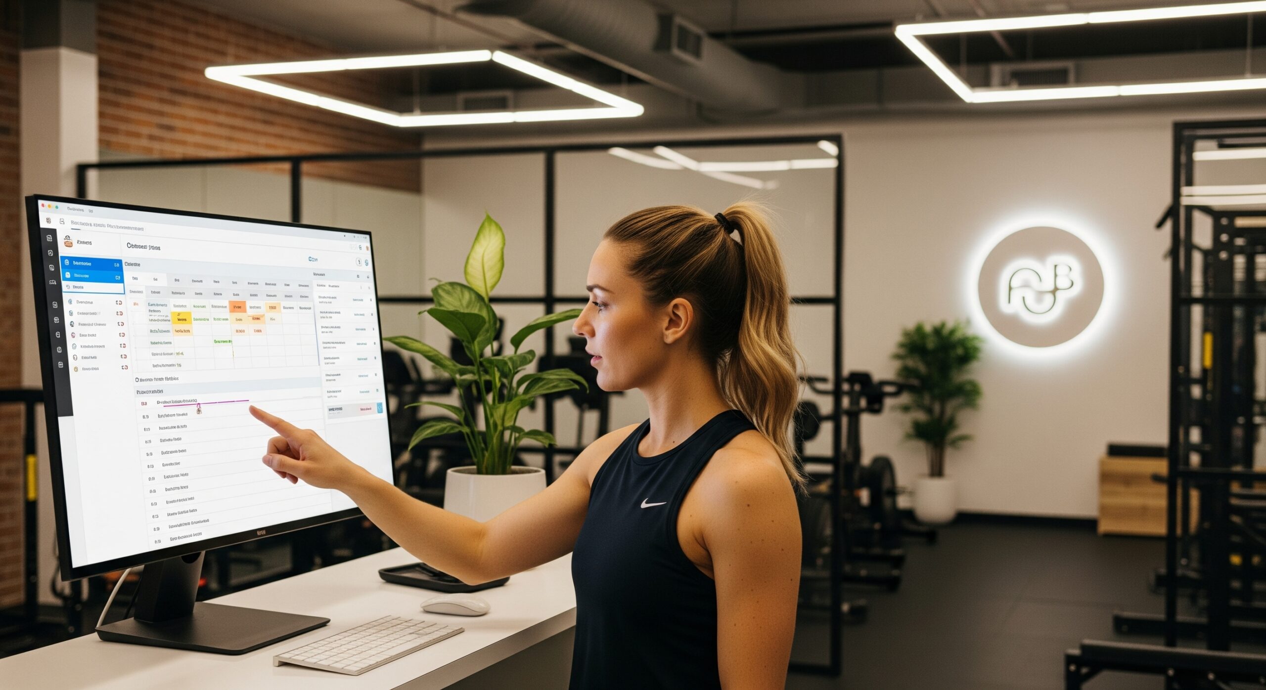 Trainer using fitness studio management software at a boutique fitness studio