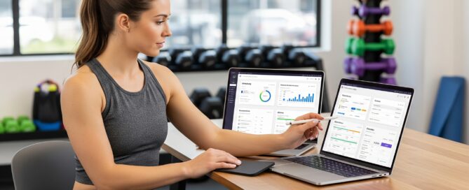 Fitness business owner comparing software options on a laptop