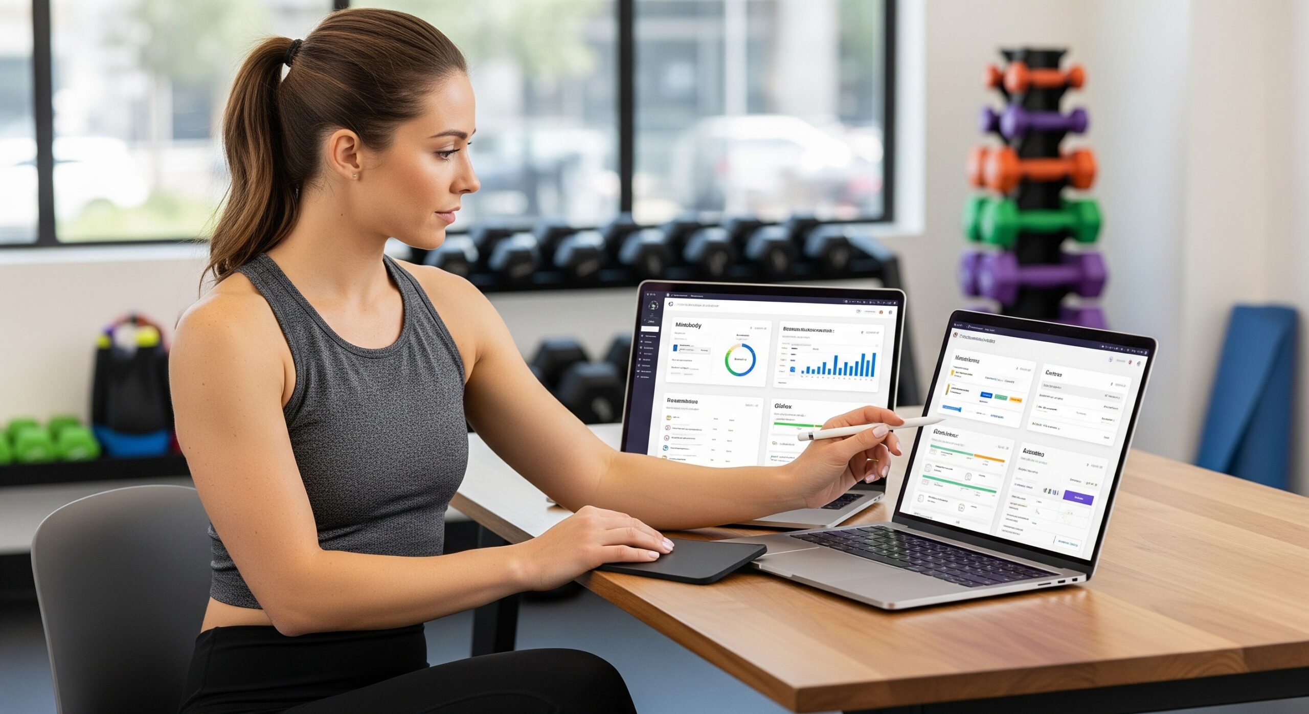 Gemini_Generated_Image_q2vg35q2vg35q2vg Fitness business owner comparing software options on a laptop