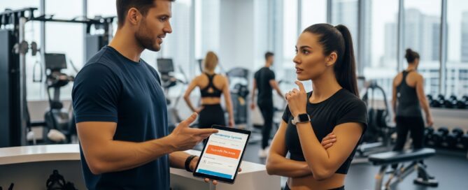 Trainer discussing package upgrade with a gym member