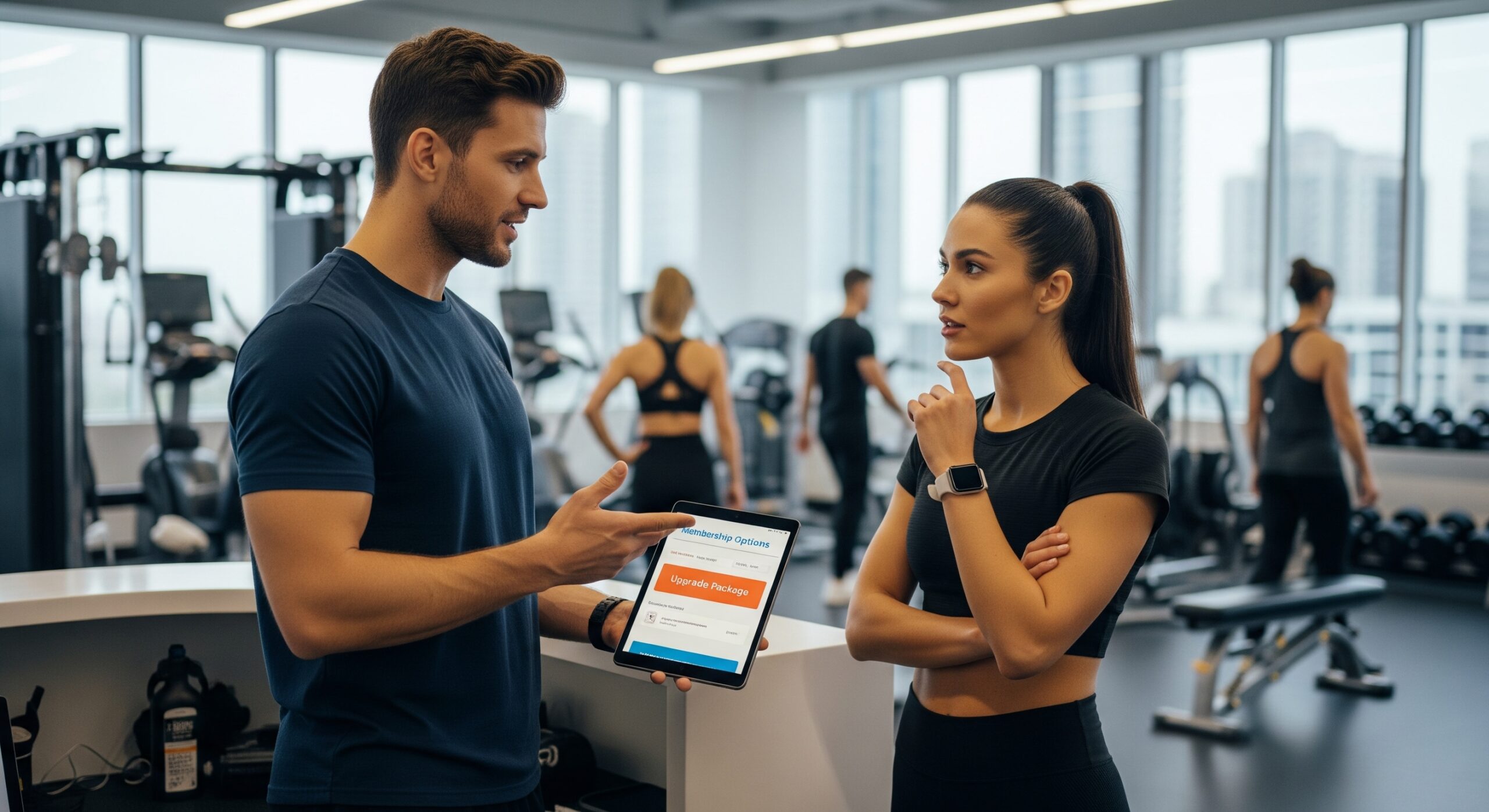 Trainer discussing package upgrade with a gym member