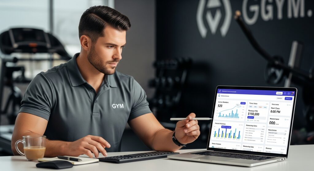 Gym owner reviewing fitness management software dashboard on a laptop