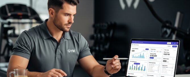 Gym owner reviewing fitness management software dashboard on a laptop
