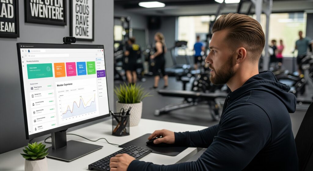 Gym owner using gym management software to enhance member experience and retention
