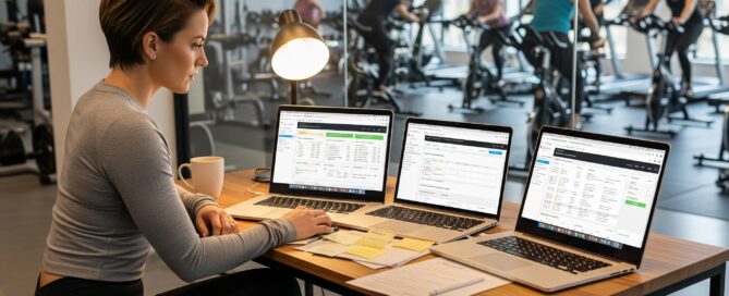 A fitness studio owner comparing management software options