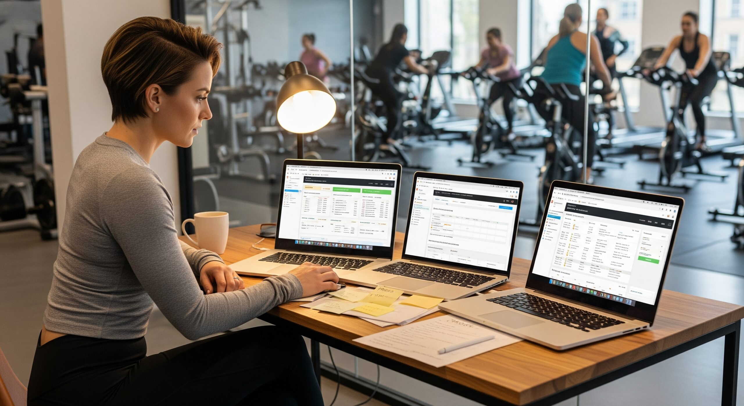 A fitness studio owner comparing management software options
