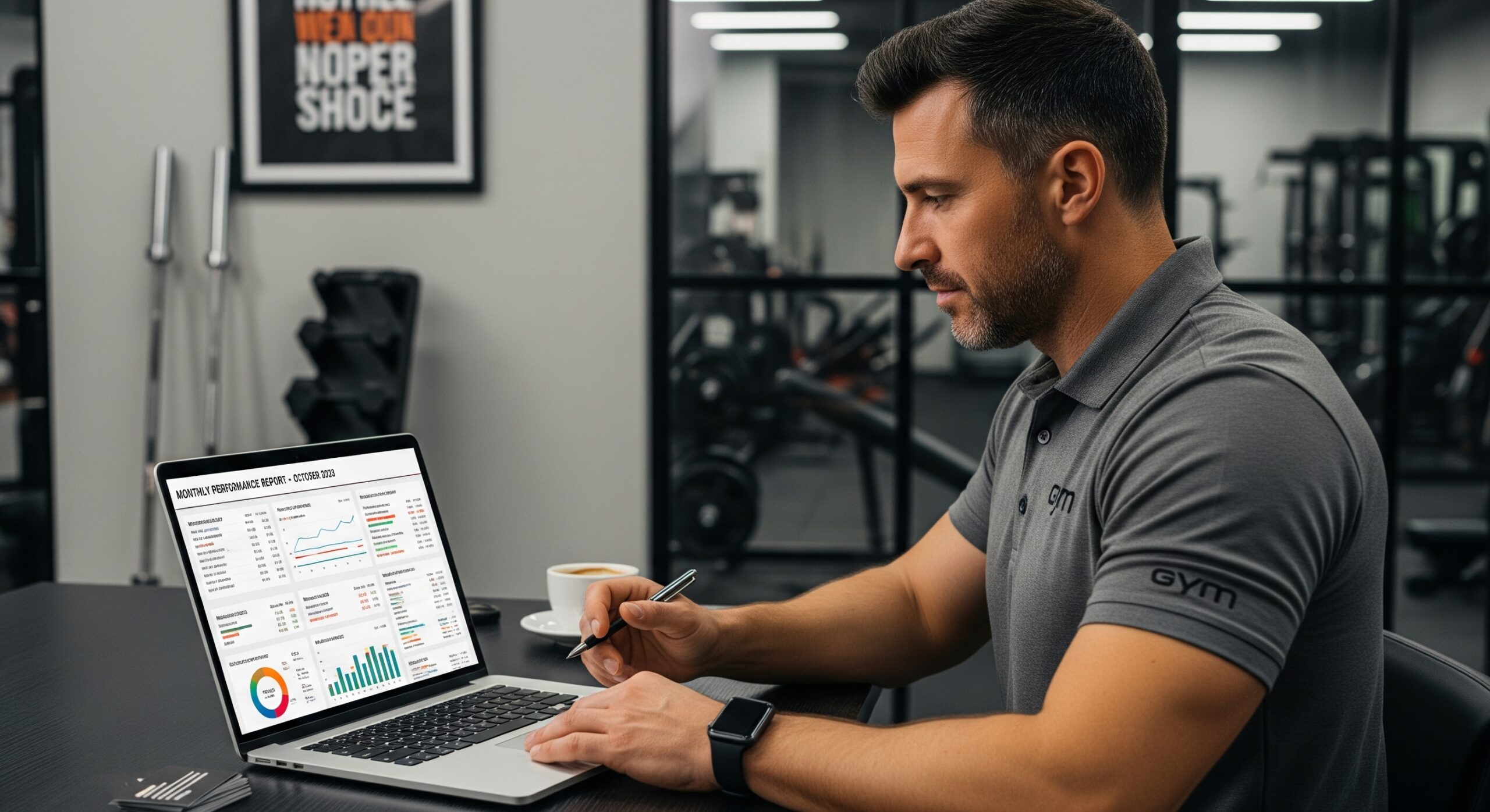 Gemini_Generated_Image_vvou4nvvou4nvvou Gym owner reviewing monthly performance report on a laptop