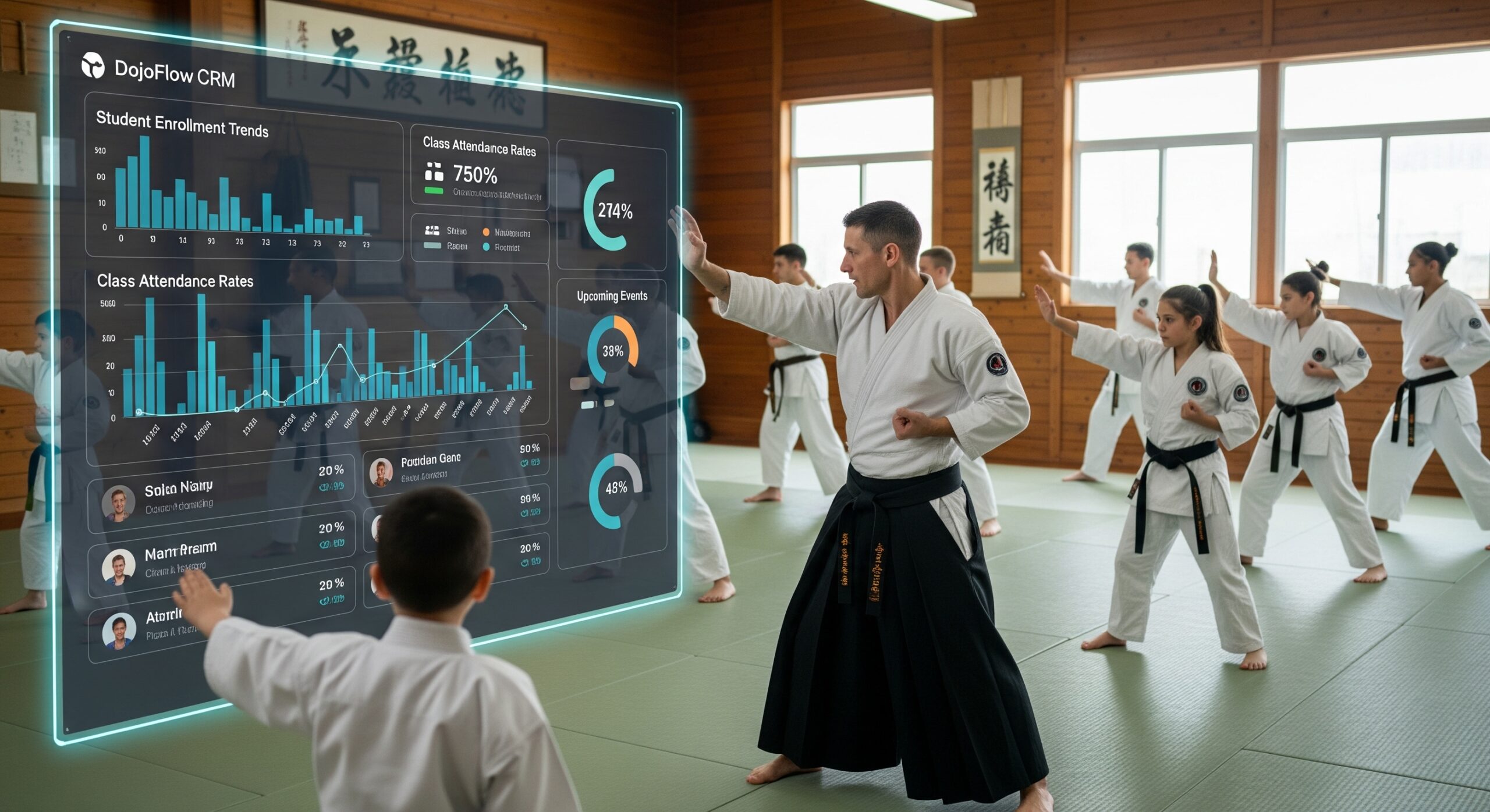 Instructor teaching martial arts students with CRM dashboard overlay