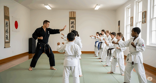 Martial arts instructor guiding students in a dojo