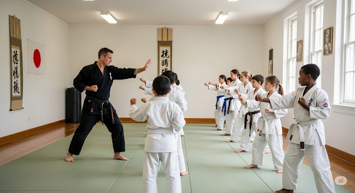 Martial arts instructor guiding students in a dojo