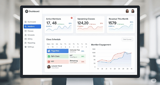 Dashboard view of fitness management software for studios