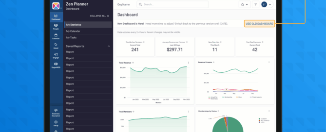 Screenshot of the new Zen Planner dashboard showing member counts, revenue trends, and attendance insights in a clean layout.