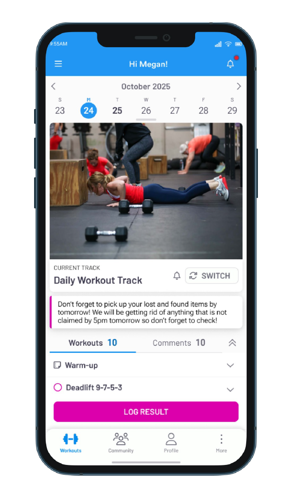 An image of the SugarWOD's app screen showing workout activity of a gym member.