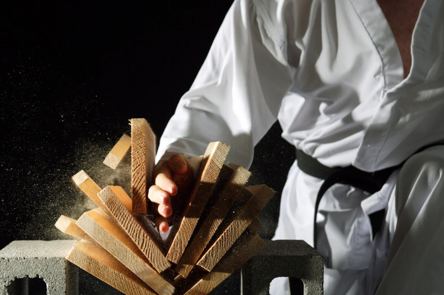 A martial arts teacher demonstrating strength and discipline during a martial arts class.