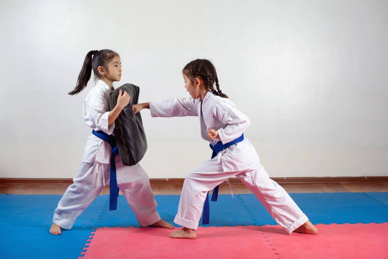 Two little girls practicing martial arts in a dojo.