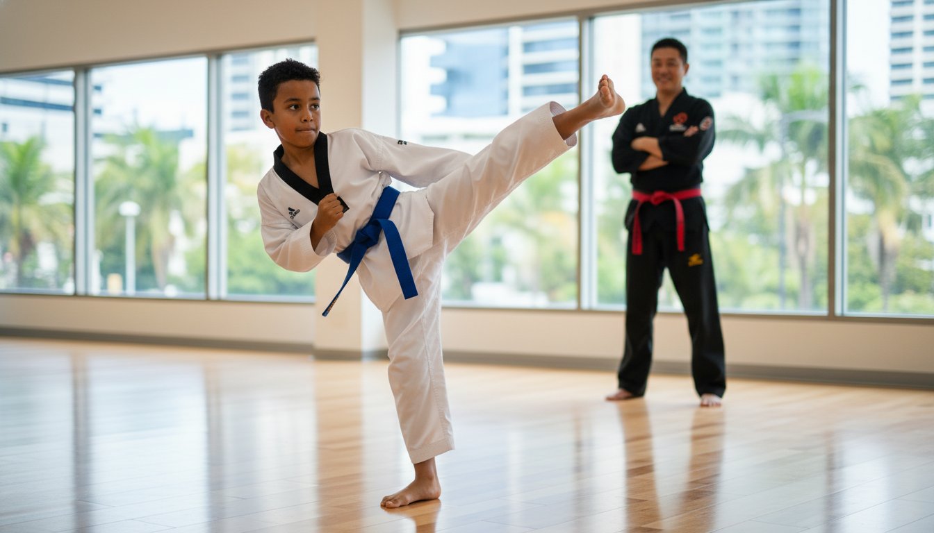 martial arts coach onboarding new student during free trial class