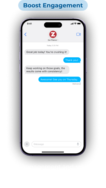 Smartphone mockup showing a text message conversation between a gym member and coach under a heading that says “Boost Engagement.”