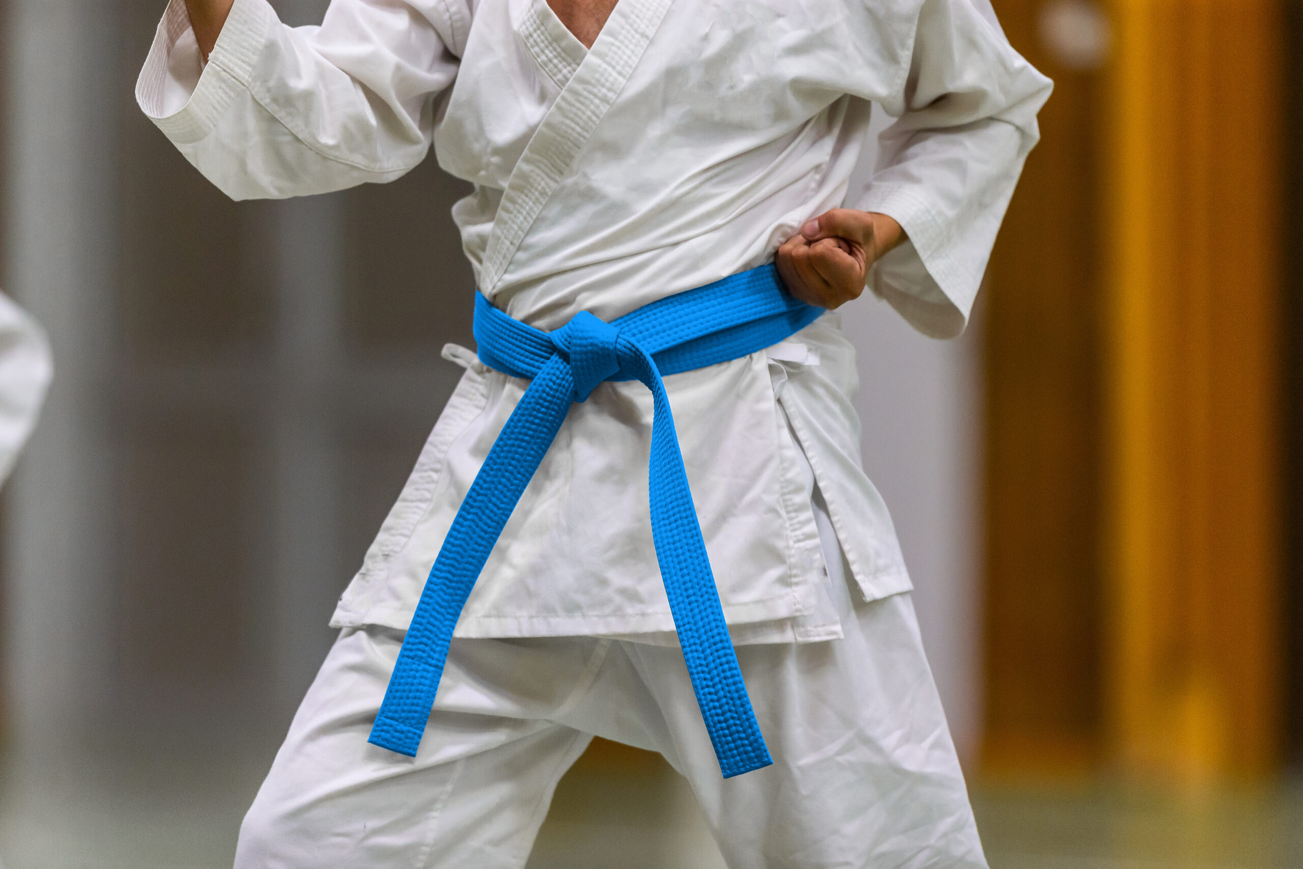 Close-up of a martial arts student wearing a white gi and blue belt, holding a strong stance while practicing karate techniques during training.