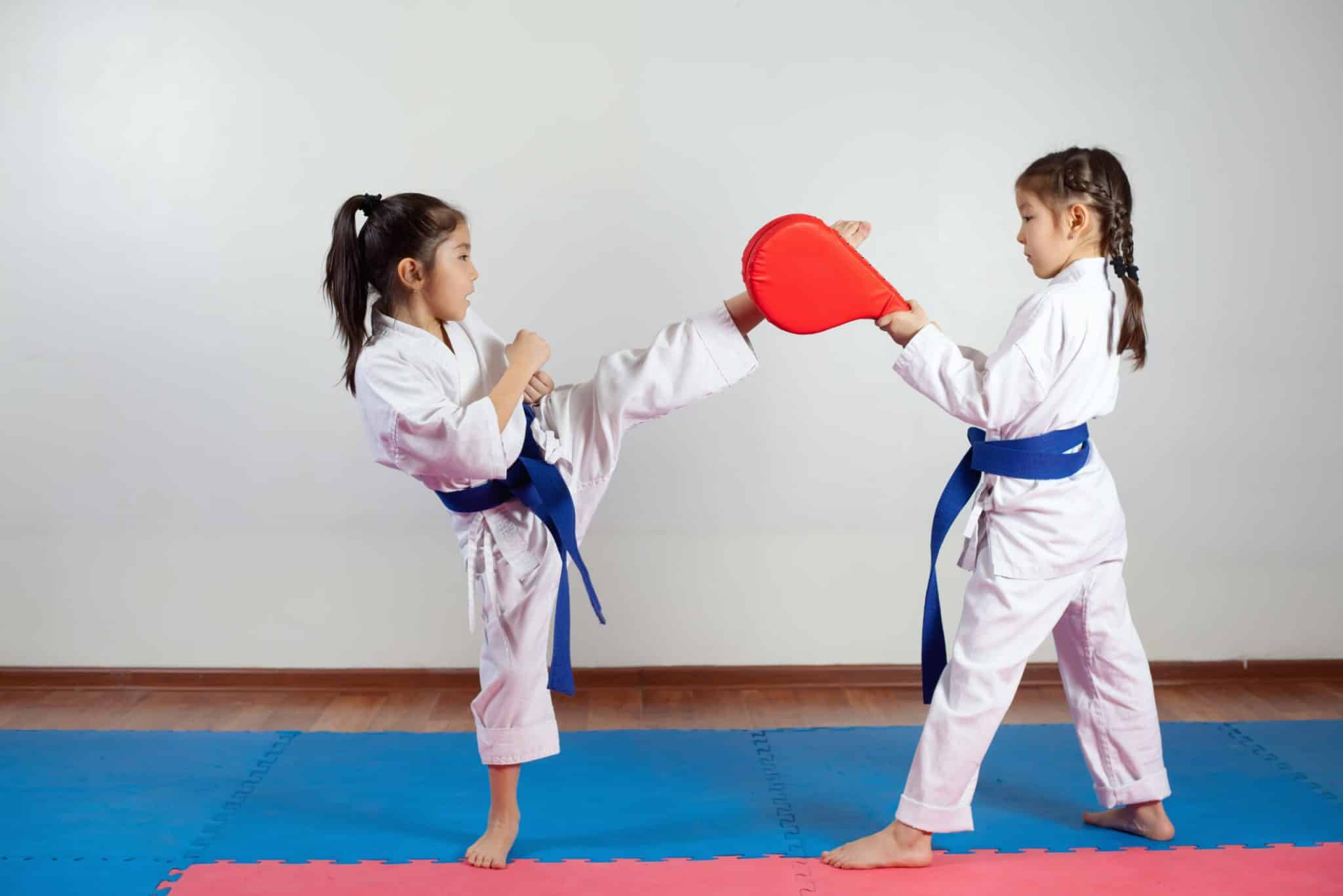 Young martial arts student practices a high kick against a handheld target while a training partner holds the pad during a children's karate class.