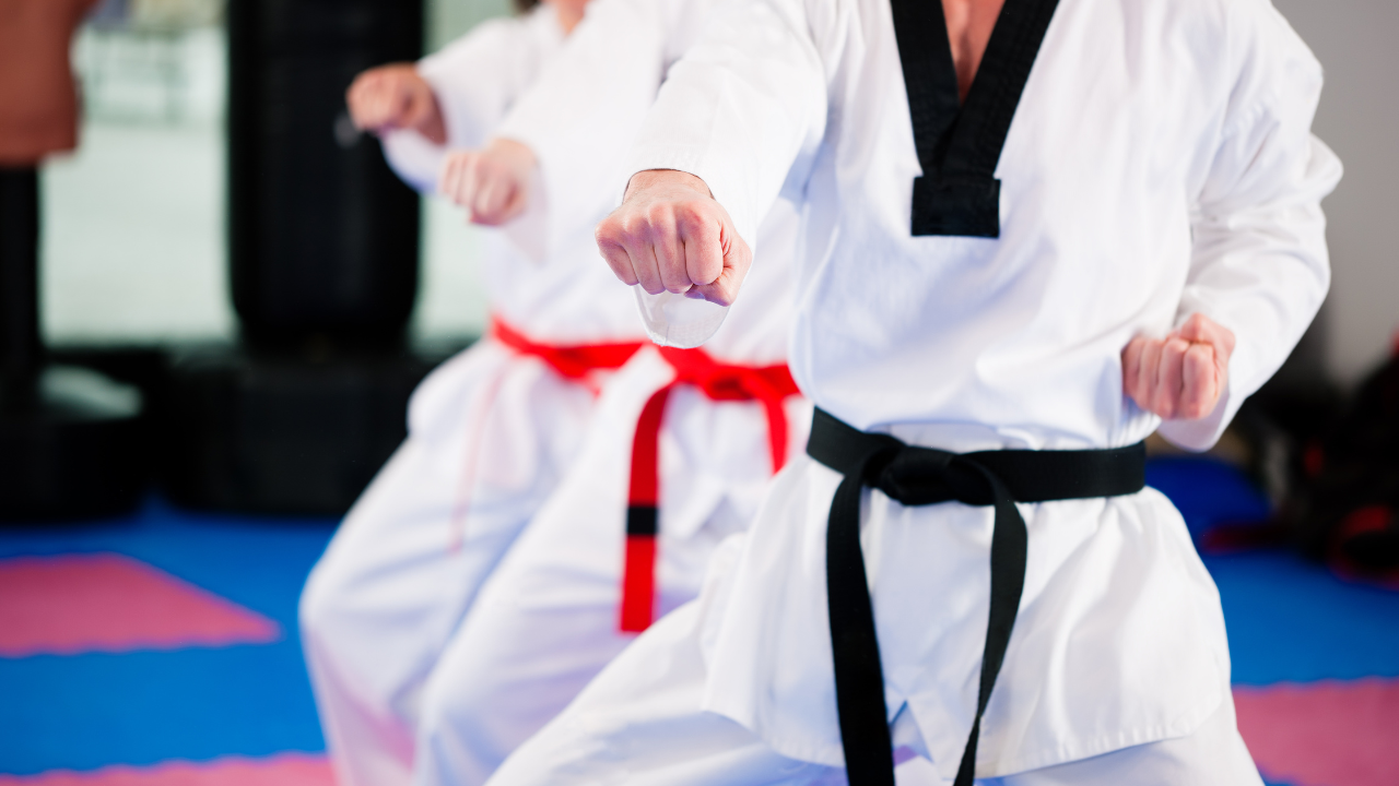 Martial arts students wearing black and red belts perform synchronized straight punches during a karate training class.